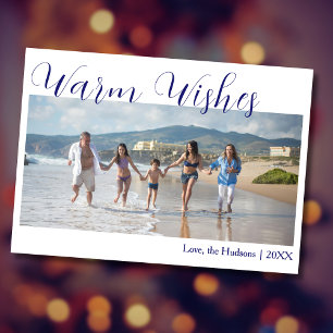 Trendy Blauw Warme Wensen Twee Strand Familie Foto Feestdagenkaart