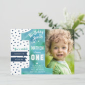 Trendy | Blauw | WATERVERF | Eerste verjaardag | Kaart (Staand voorkant)