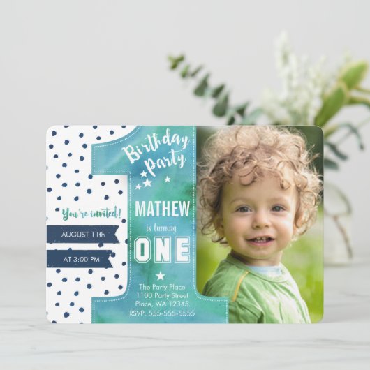 Trendy | Blauw | WATERVERF | Eerste verjaardag | Kaart (Staand voorkant)