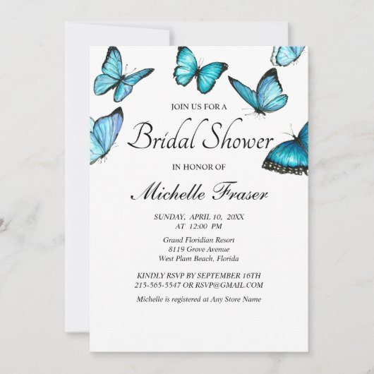 Trendy blauw waterverf vlinders vrijgezellenfeest kaart (Voorkant)