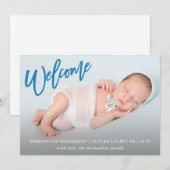 Trendy Blauw Welkomstscript met Foto Baby Geboorte Aankondiging (Voorkant / Achterkant)