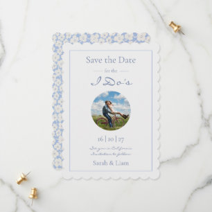 Trendy Blauw & Wit Bloemen Daisy Foto Bruiloft Save The Date