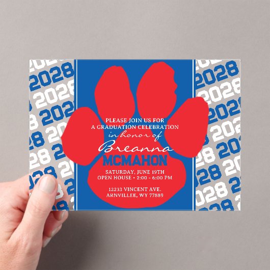 Trendy Blauw, Wit & Rood Afstuderen Pawprint Clear Acryl Uitnodigingen (Insitu (Draagbaar))