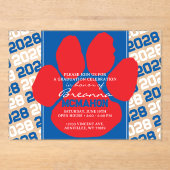 Trendy Blauw, Wit & Rood Afstuderen Pawprint Clear Acryl Uitnodigingen (Voorkant)