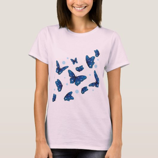 trendy blauw & witte Butterflies T-shirt (Voorkant)