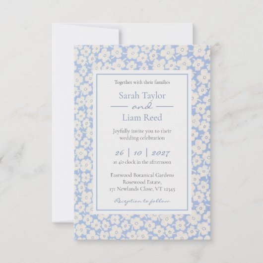 Trendy Blauwe Bloemen Bruiloft Uitnodiging & RSVP (Voorkant)