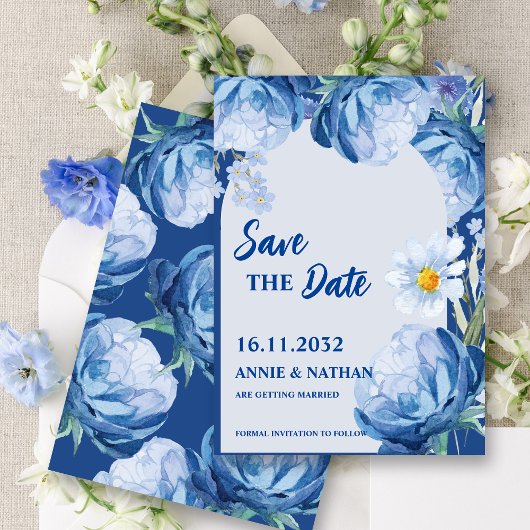 Trendy  Blauwe Bloemen Wedding Save the Date