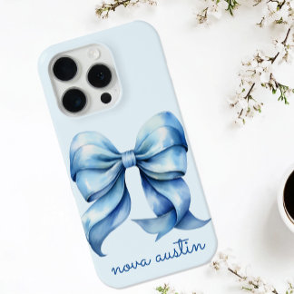 Trendy blauwe boog gepersonaliseerd met naam monog iPhone 15 pro case