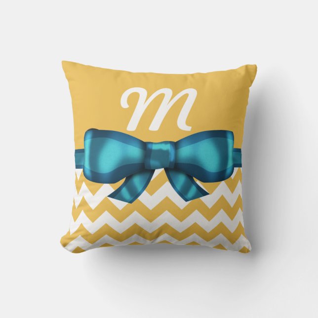 Trendy Blauwe Boog & Witte Chevrons Monogram Kussen (Voorkant)