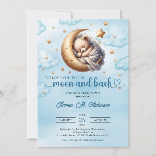 Trendy Blauwe en gouden maan en terug Boy Baby sho Kaart (Voorkant)