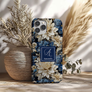 Trendy blauwe en ivoorkleurige bloemen stijlvolle  iPhone 16 hoesje