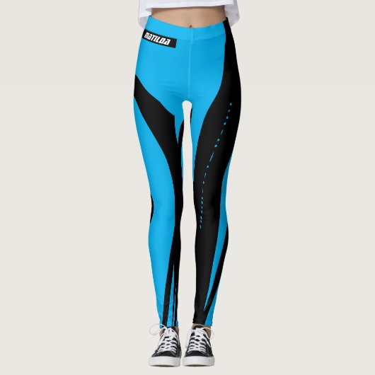 Trendy blauwe en zwarte workout leggings (Voorkant)
