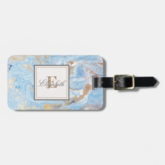 Trendy Blauwe Goud Steen Marmer Textuur, Monogram Bagagelabel (Voorkant horizontaal)