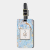 Trendy Blauwe Goud Steen Marmer Textuur, Monogram Bagagelabel (Voorkant verticaal)