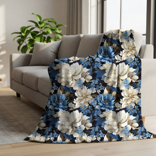 Trendy blauwe ivoren bloem zachte warme plaid deke sherpa deken