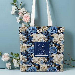 Trendy Blauwe Ivoren Bloemen Gepersonaliseerde Boo Tote Bag