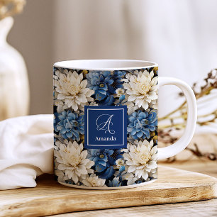 Trendy Blauwe Ivoren Bloemen Persoonlijke Koffiemo Koffiemok
