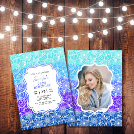 Trendy Blauwe Mint Strepen Bloemen Foto Verjaardag Kaart