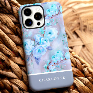 Trendy Blauwe Rozen Aangepaste Naam Bloemstuk iPhone 16 Pro Max Hoesje