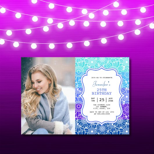 Trendy Blauwe Strepen Bloemen Lijst Foto Verjaarda Kaart