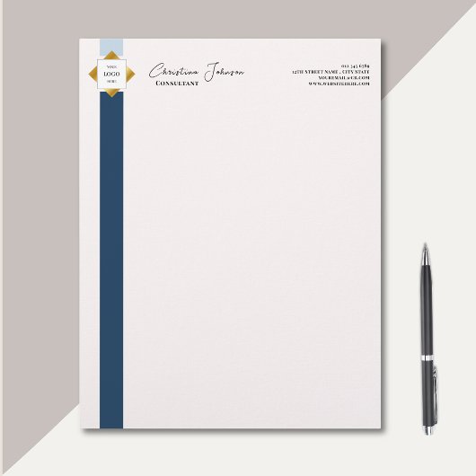 Trendy Blauwe Strepen Gouden Logo Notitieblok