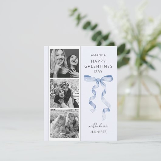 Trendy Blauwe Strik 3 Foto Galentines Day Kaart (Staand voorkant)