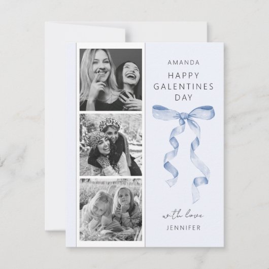 Trendy Blauwe Strik 3 Foto Galentines Day Kaart (Voorkant)