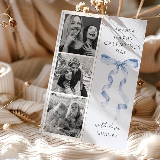 Trendy Blauwe Strik 3 Foto Galentines Day Kaart