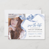 Trendy Blauwe Strik Foto Afstuderen Save The Date (Voorkant)