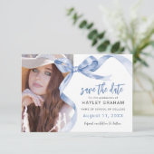 Trendy Blauwe Strik Foto Afstuderen Save The Date (Staand voorkant)