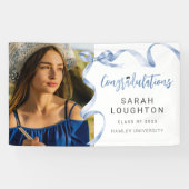 Trendy Blauwe Strik Foto Afstuderen Spandoek (Horizontaal)