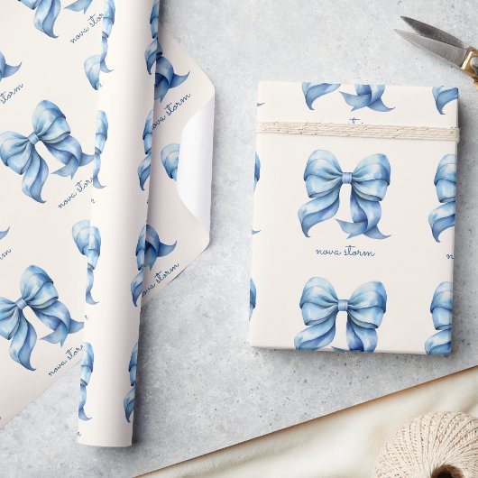 Trendy Blauwe Strik Met Naam Monogram Personalized Cadeaupapier