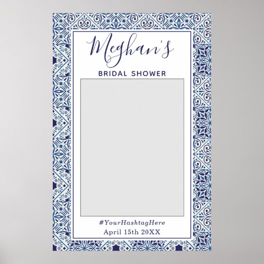 Trendy blauwe tegels Bruidsdouche Fotohokje Poster (Voorkant)