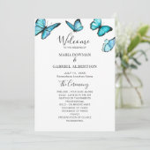 Trendy blauwe waterverf vlinders. Natuur bruiloft Programmakaart (Staand voorkant)