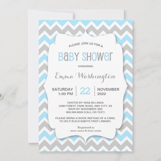 Trendy blauwgrijze BOY baby shower uitnodiging (Voorkant)