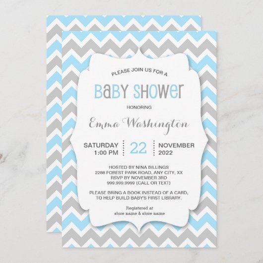 Trendy blauwgrijze BOY baby shower uitnodiging (Voorkant / Achterkant)