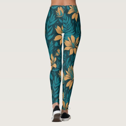 Trendy Blauwgroen bladeren Sinaasappel tropisch bl Leggings (Achterkant)