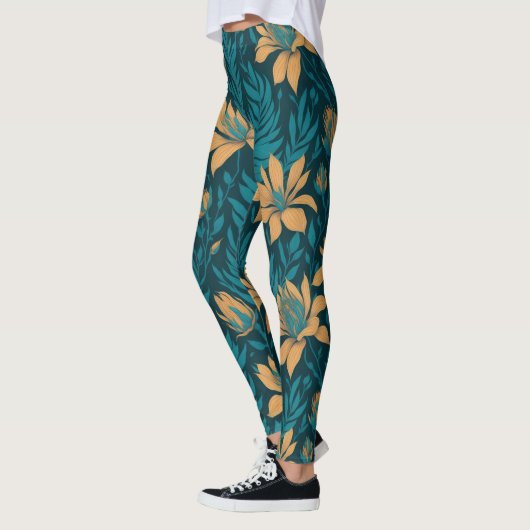 Trendy Blauwgroen bladeren Sinaasappel tropisch bl Leggings (Links)