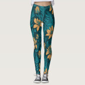 Trendy Blauwgroen bladeren Sinaasappel tropisch bl Leggings (Voorkant)
