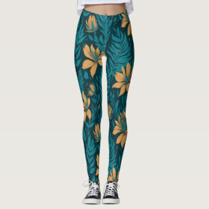 Trendy Blauwgroen bladeren Sinaasappel tropisch bl Leggings