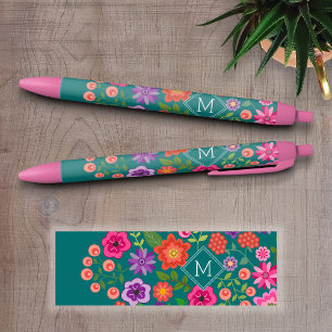 Trendy Blauwgroen BloemenPatroon met het Monogram Zwarte Inkt Pen