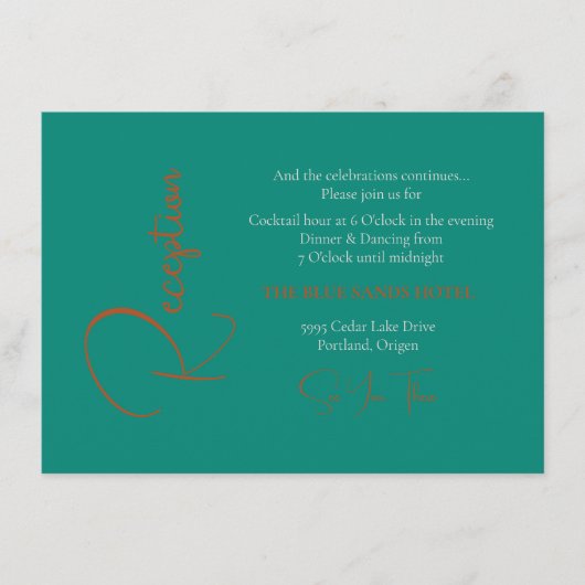 Trendy Blauwgroen en koperbruiloft Informatiekaartje (Voorkant)