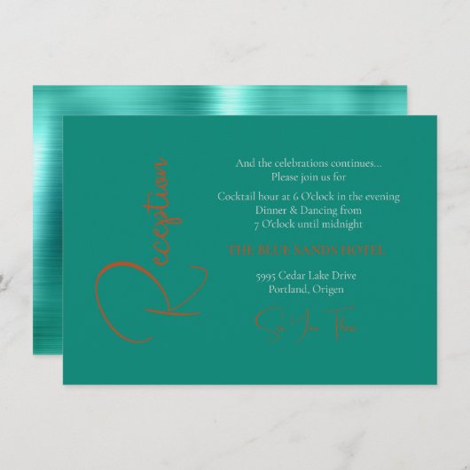 Trendy Blauwgroen en koperbruiloft Informatiekaartje (Voorkant / Achterkant)