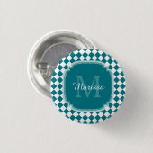Trendy Blauwgroen en Witte Gecontroleerde Naam Ronde Button 3,2 Cm (Voorkant /achterkant)