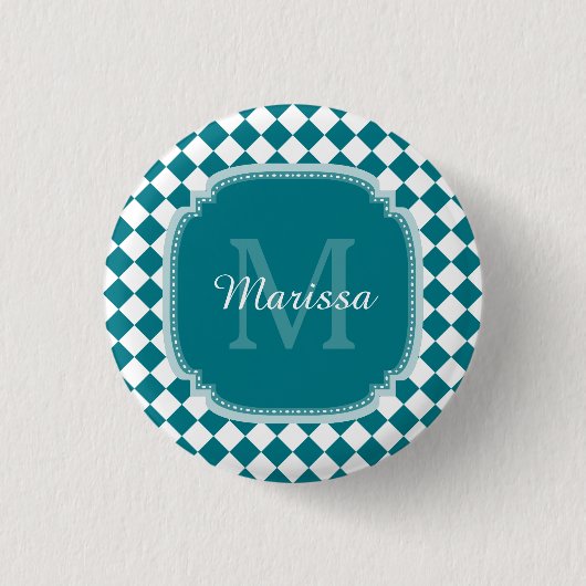 Trendy Blauwgroen en Witte Gecontroleerde Naam Ronde Button 3,2 Cm (Voorkant)
