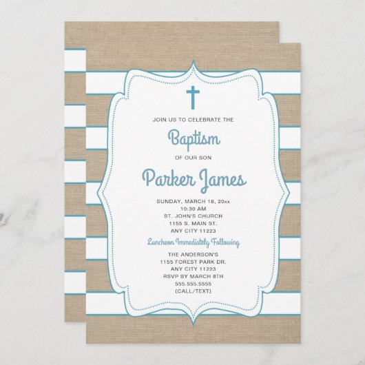 Trendy Blauwgroen + gestript canvas Baptisme-uitno Kaart (Voorkant / Achterkant)