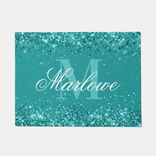 Trendy Blauwgroen Glitter Blue Green Monogram Deurmat (Voorkant)