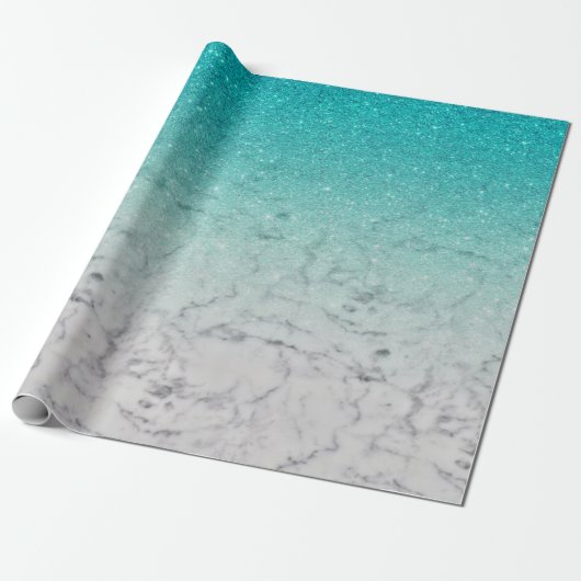 Trendy Blauwgroen Glitter Ombre Wit Marmer Cadeaupapier (Uitgerold)