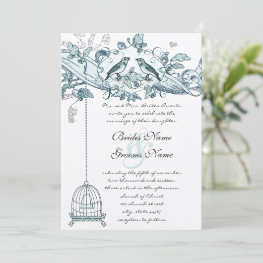 Trendy Blauwgroen Green Bird Cage  Scroll Wedding Kaart (Staand voorkant)