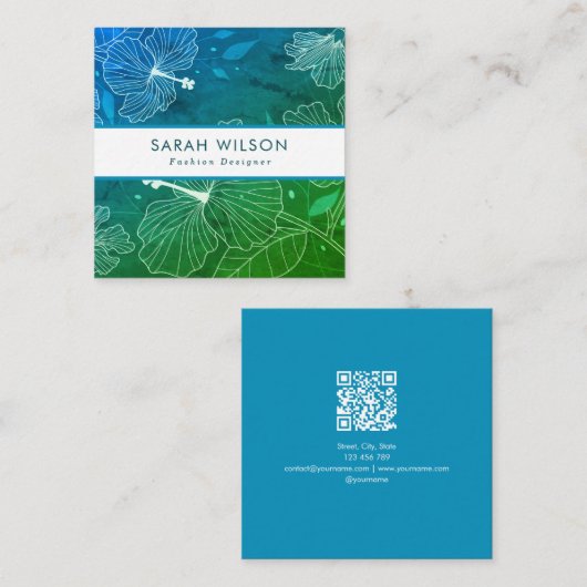 Trendy Blauwgroen Groen Wit Hibiscus Bloemen QR Co Vierkante Visitekaartje (Voorkant / Achterkant)